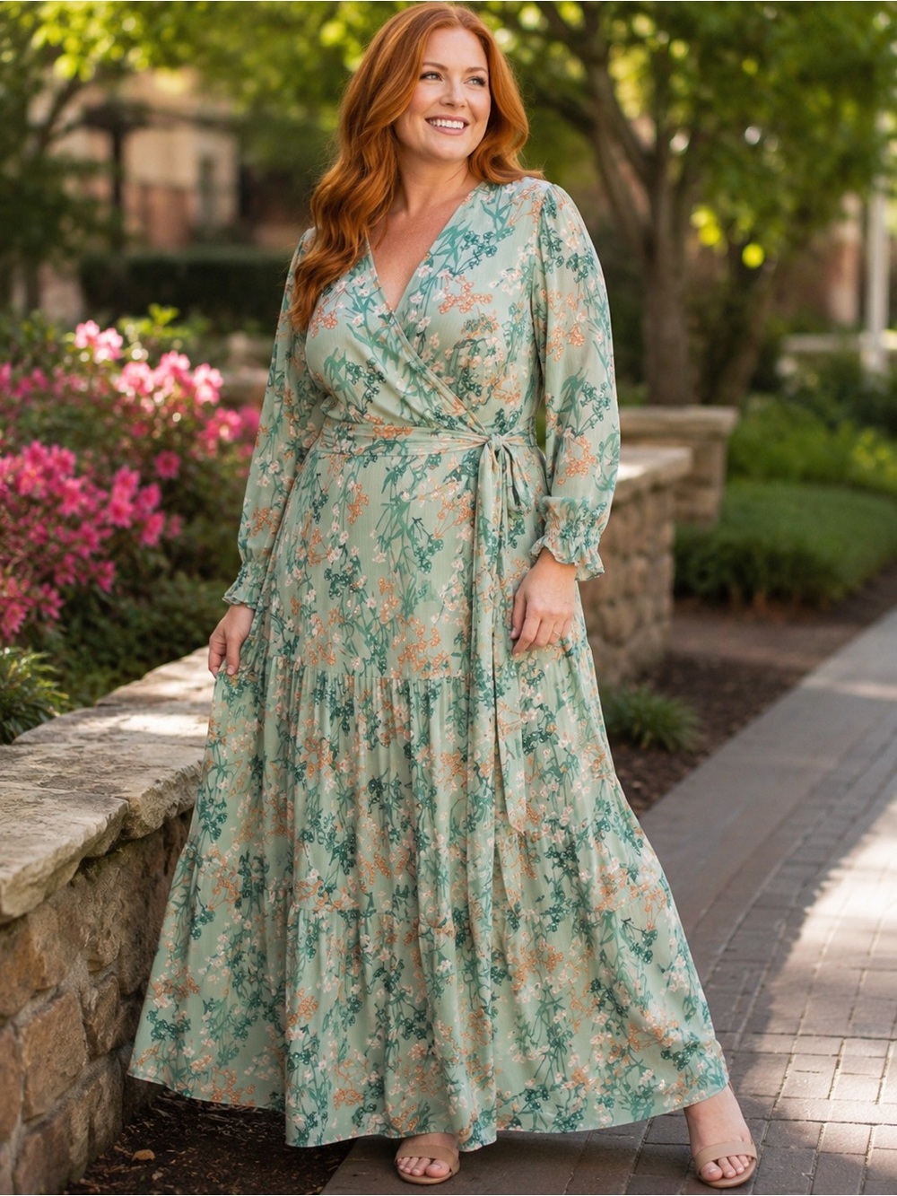 Long Sleeve Floral wrap Dress in Green and Orange